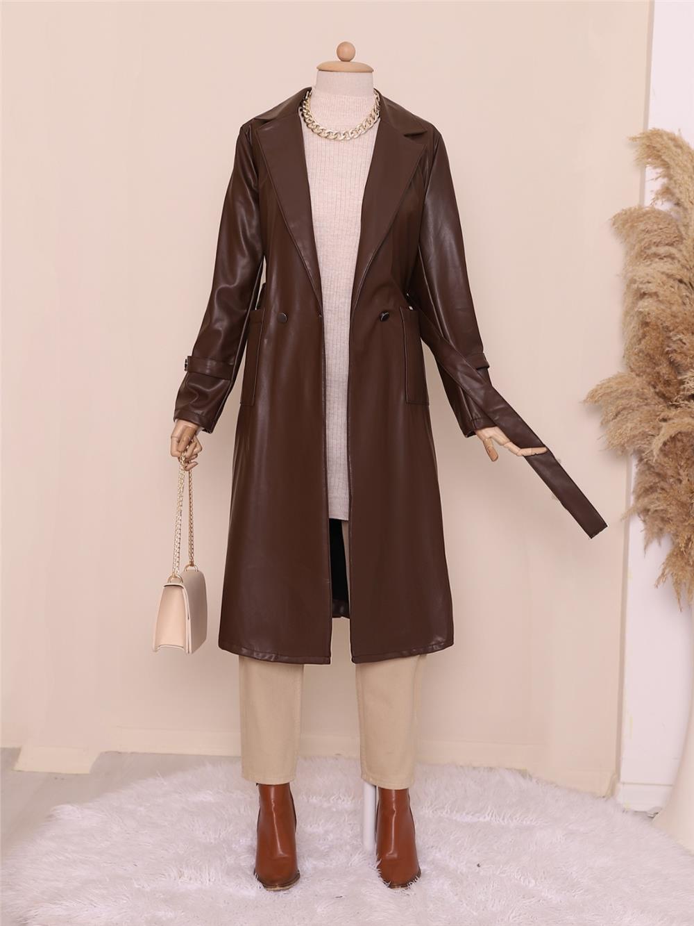 Belted Pocketed Hijab Leather Trench Coat - Brown-197-2124-R15
