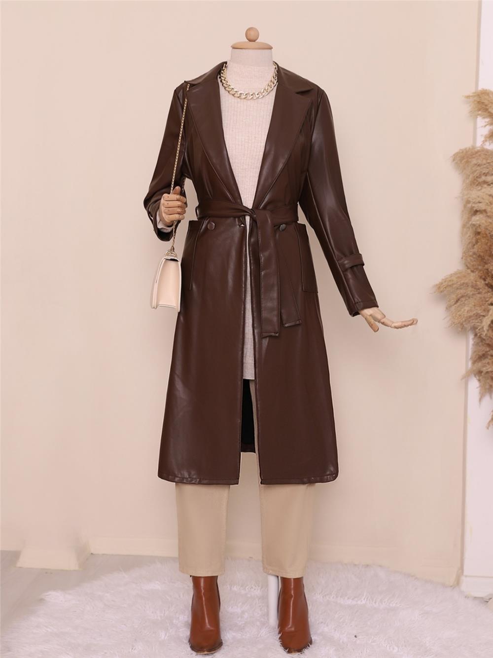 Belted Pocketed Hijab Leather Trench Coat - Brown-197-2124-R15