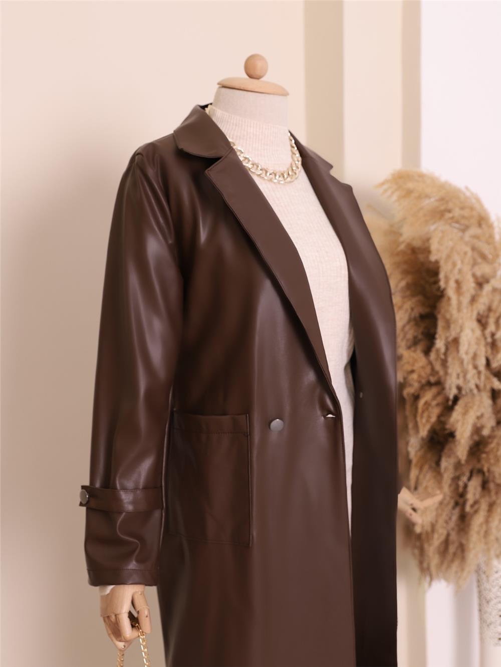 Belted Pocketed Hijab Leather Trench Coat - Brown-197-2124-R15