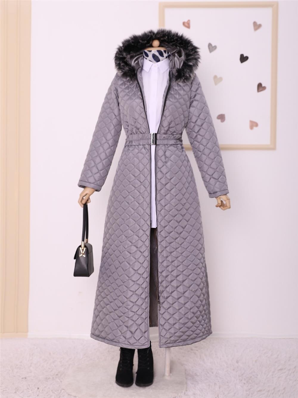 Belted Hooded Zippered Long Quilted Coat -Grey-197-0970-R11