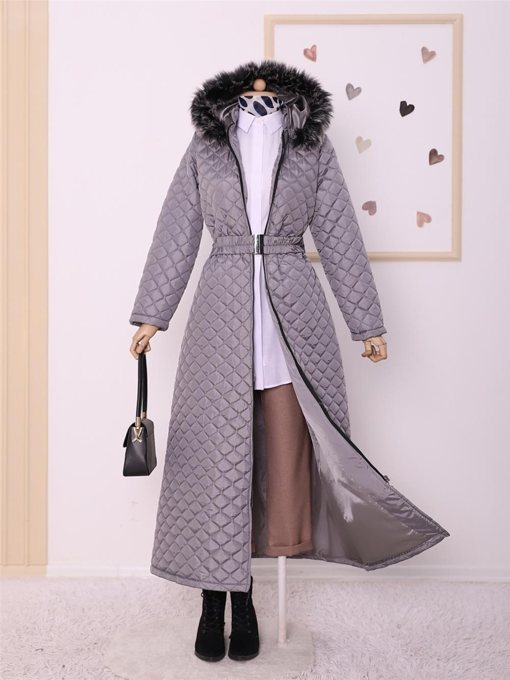 Belted Hooded Zippered Long Quilted Coat -Grey-197-0970-R11