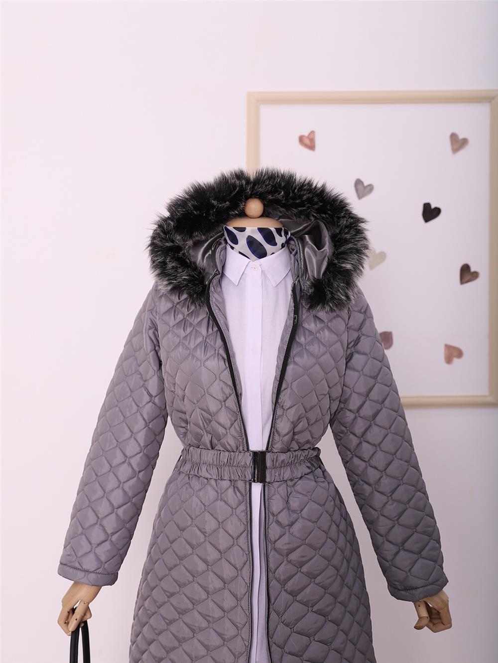 Belted Hooded Zippered Long Quilted Coat -Grey-197-0970-R11