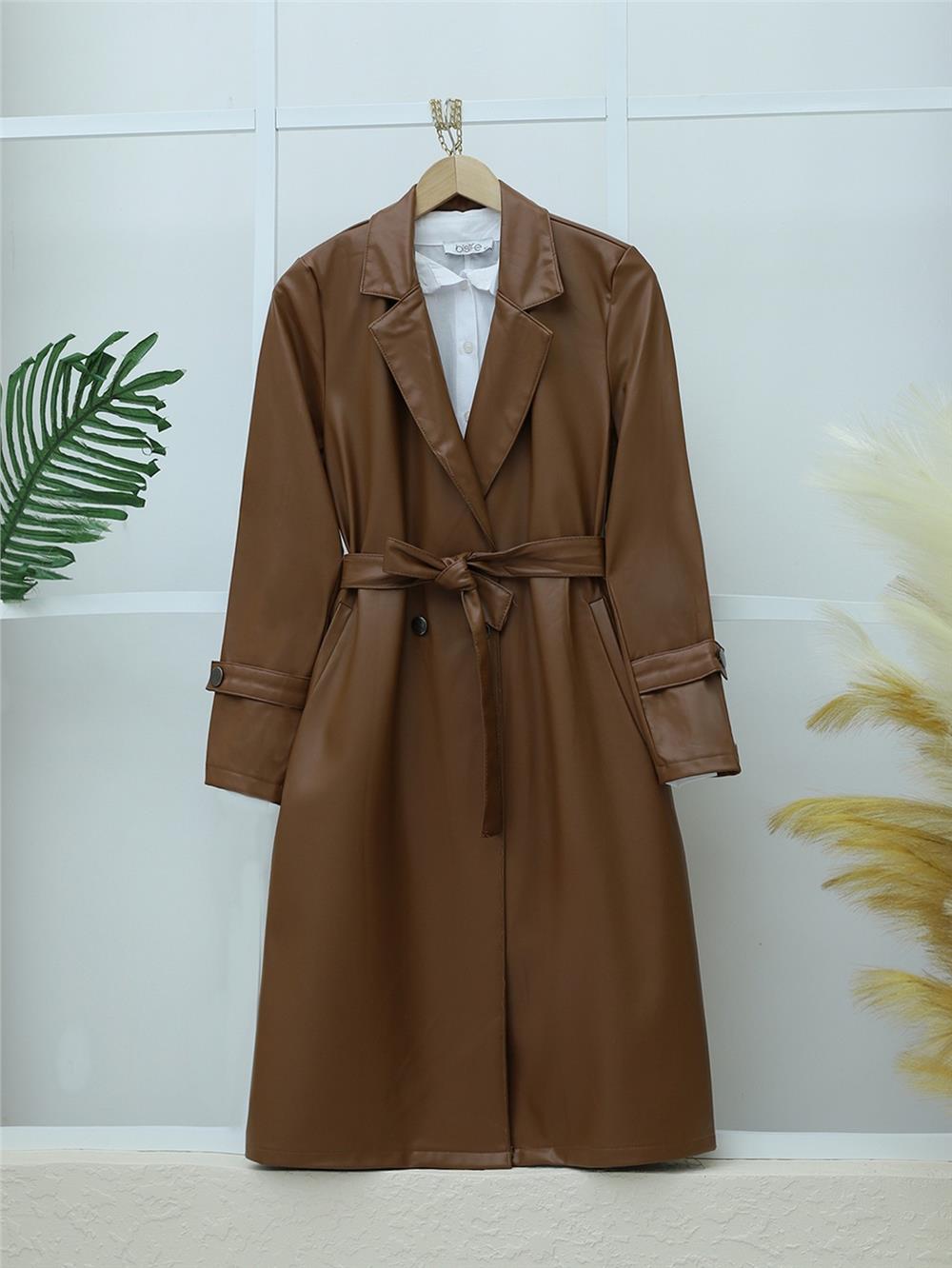 Belted Leather Trench Coat with Side Pockets -Tan-197-2801-R12