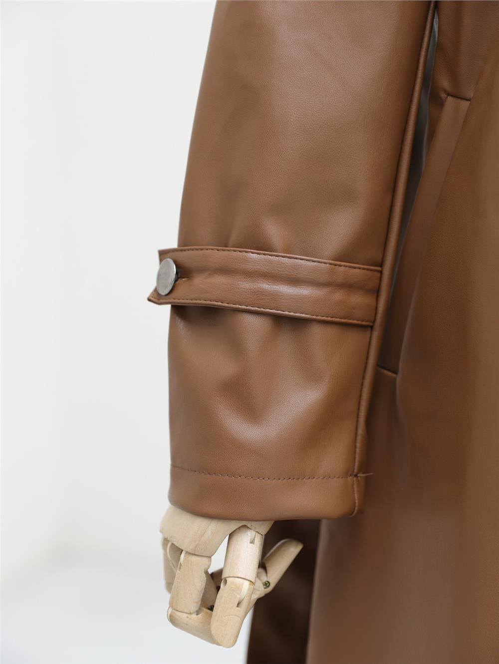 Belted Leather Trench Coat with Side Pockets -Tan-197-2801-R12