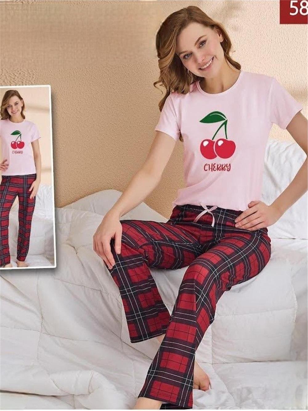 Kiraz Desenli Altı Kareli Pijama Takımı -Pudra-416-58260-R06