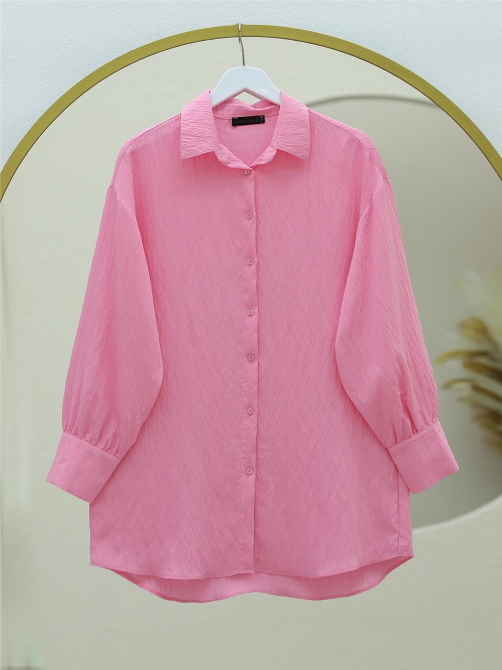 Klasik Yaka Boydan Düğmeli Oval Kesim Gömlek -Pembe-138-5963-R20