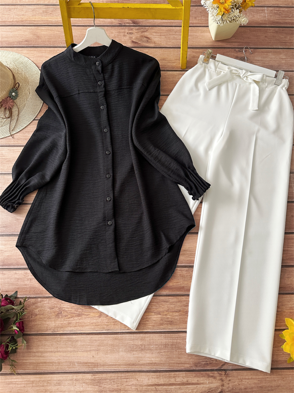 Oval Cut Shirt with Draped Sleeve Cuff - Black-349-4033-R01
