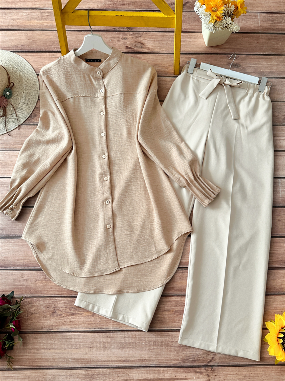 Oval Cut Shirt with Draped Sleeve Cuff - Light Mink-349-4033-R51