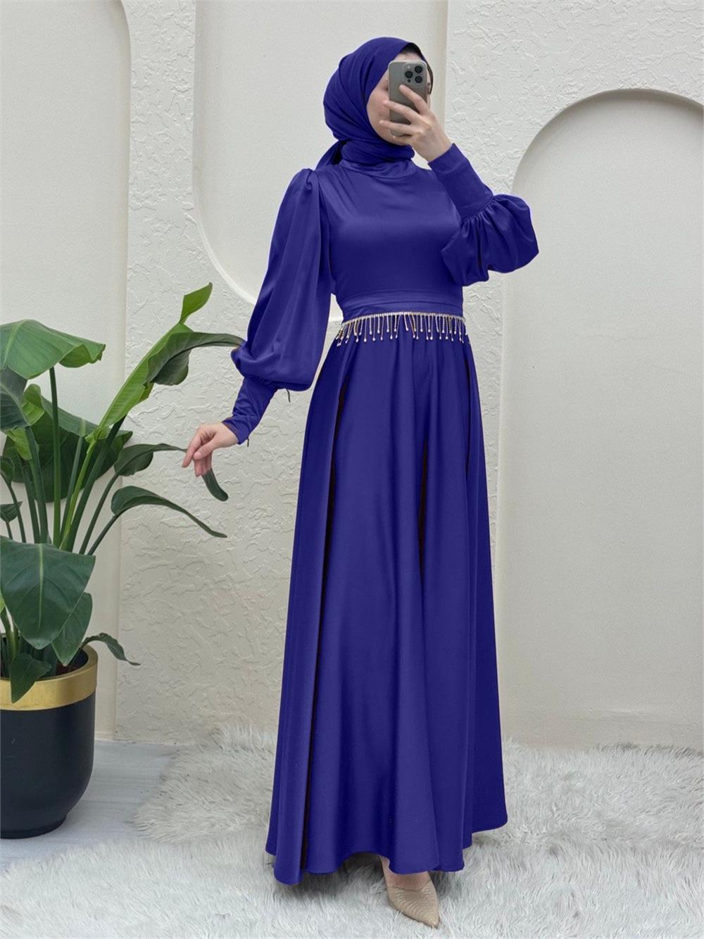 فستان سهرة من الساتان مع أساور أكمام بسحاب وحزام حجري - ساكس-386-5987-R10