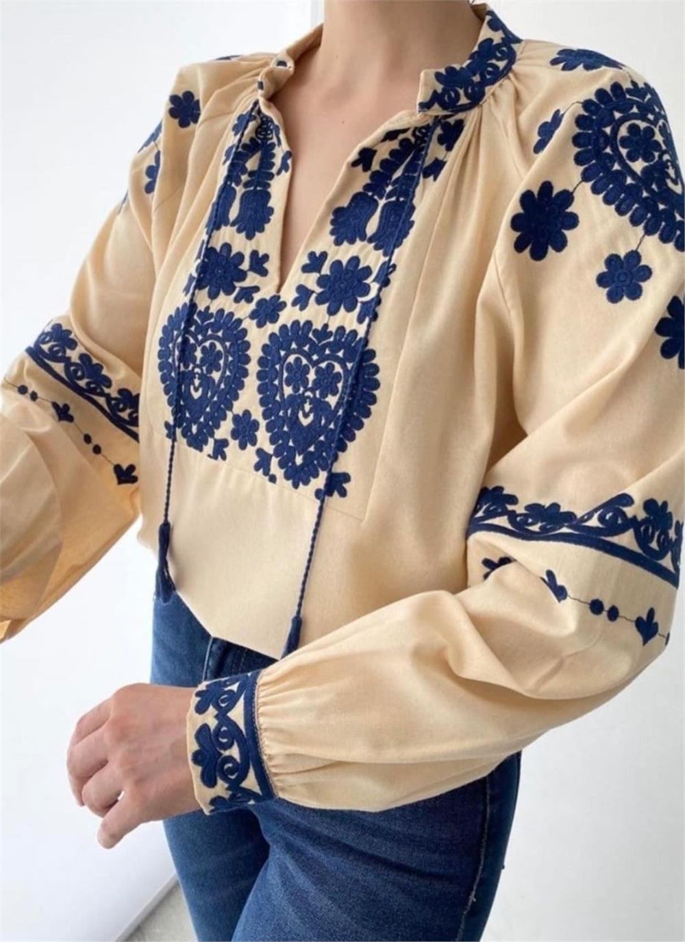 Blouse with Embroidered Sleeve Cuffs and Lace Detail on the Collar - Beige-364-5395-R56