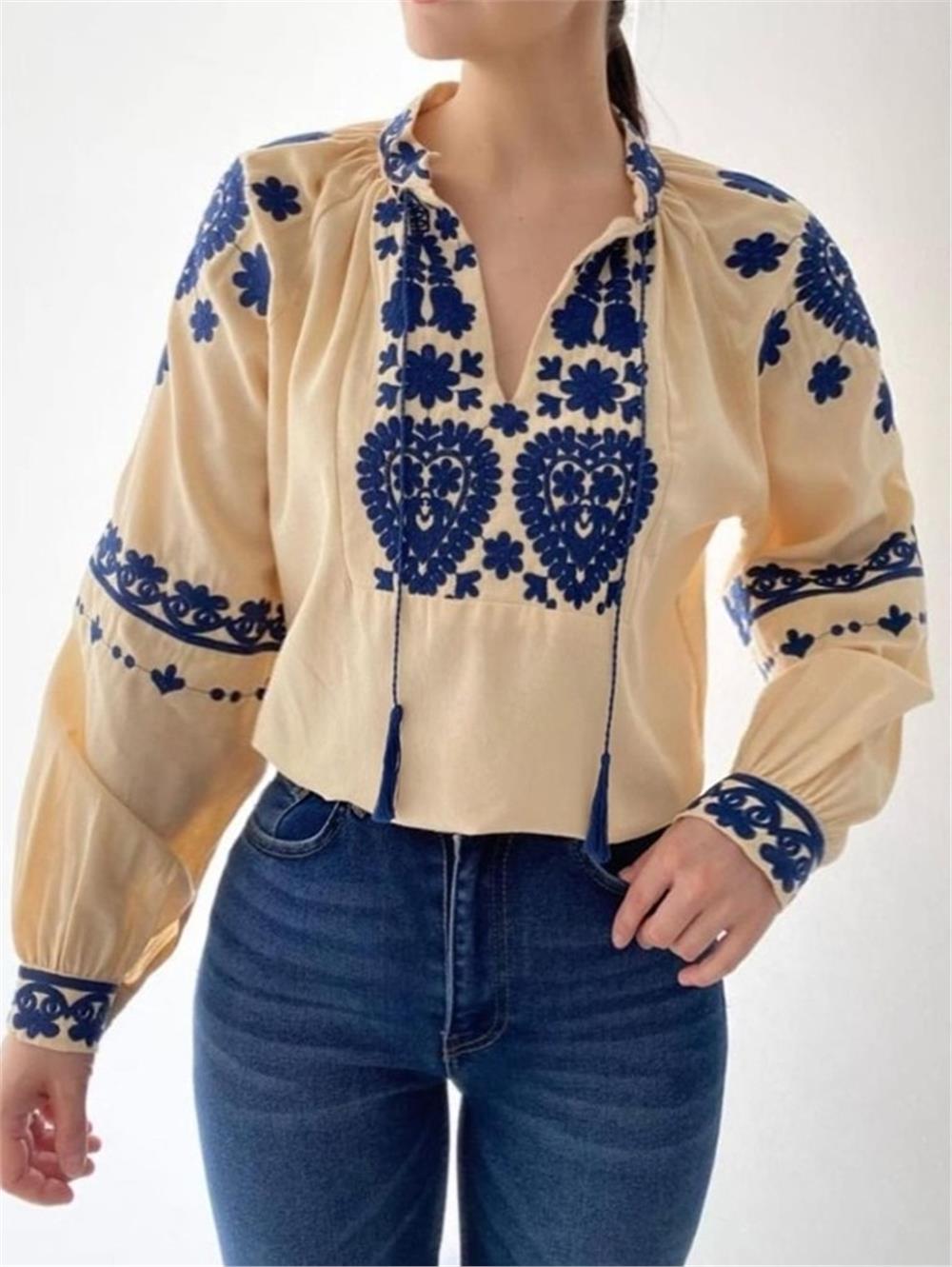 Blouse with Embroidered Sleeve Cuffs and Lace Detail on the Collar - Beige-364-5395-R56