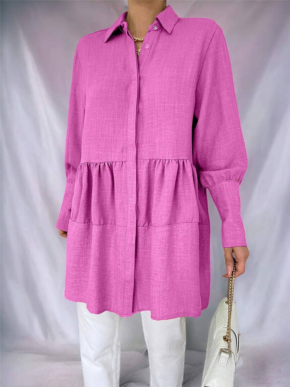 Pieced Linen Tunic with Stoned Buttons on Arm Cuff -Fuchsia-246-1454-R14