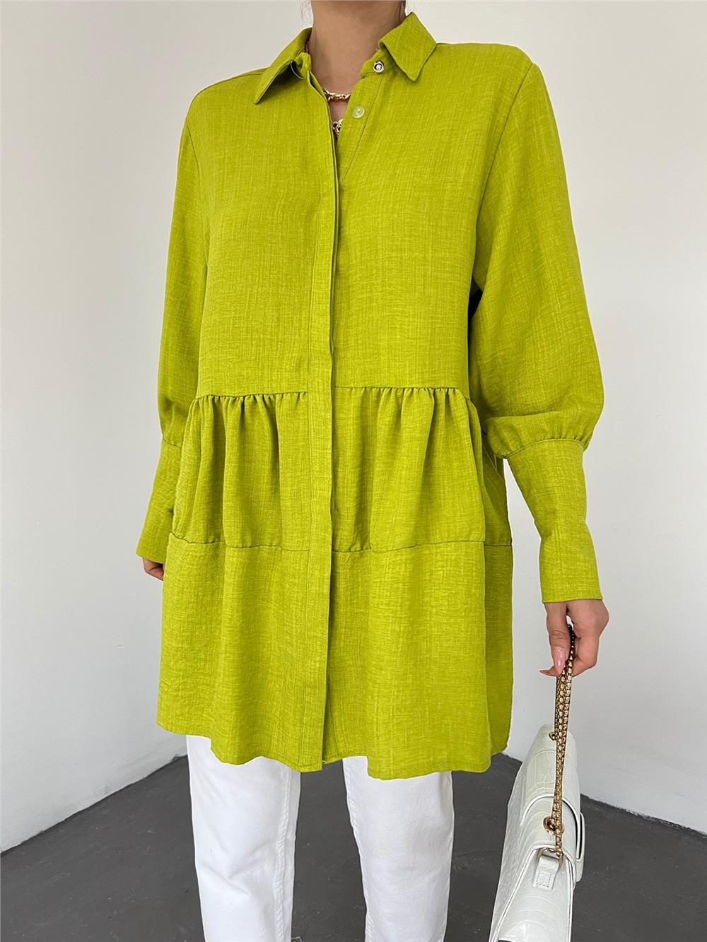 Pieced Linen Tunic with Stoned Buttons on Arm Cuff -Oil Green-246-1454-R72