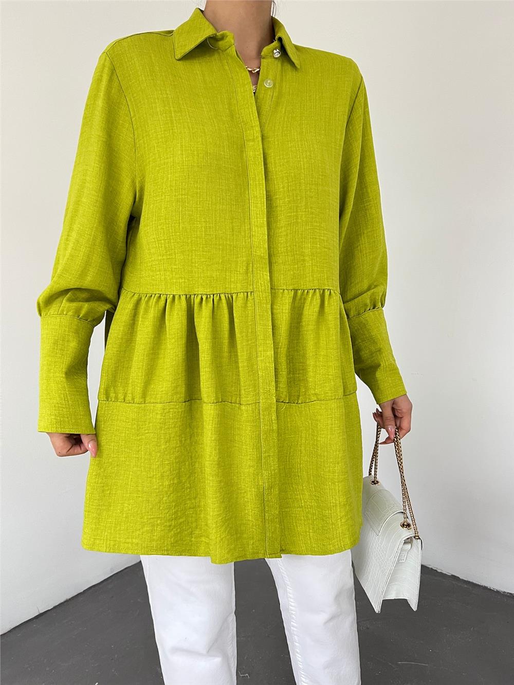 Pieced Linen Tunic with Stoned Buttons on Arm Cuff -Oil Green-246-1454-R72