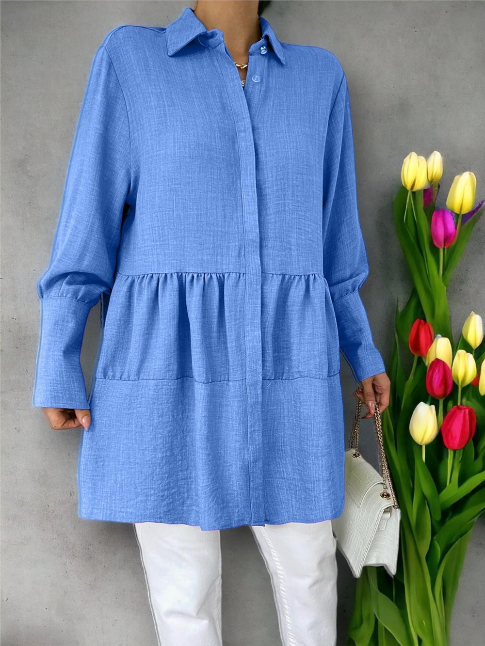 Pieced Linen Tunic with Stoned Buttons on Arm Cuff -Dark Blue-246-1454-R26