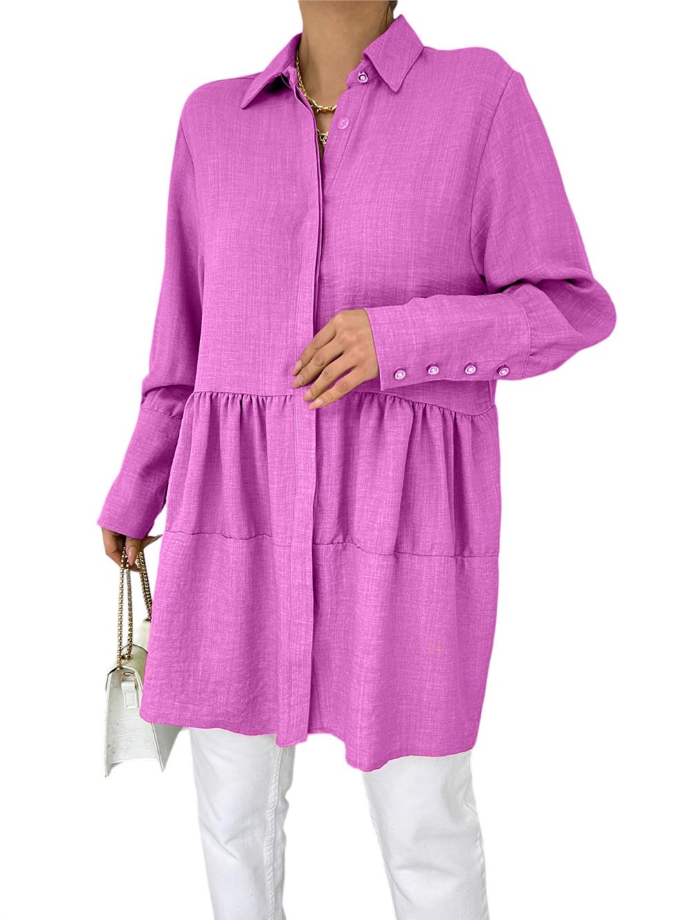 Pieced Linen Tunic with Stoned Buttons on Arm Cuff -Fuchsia-246-1454-R14