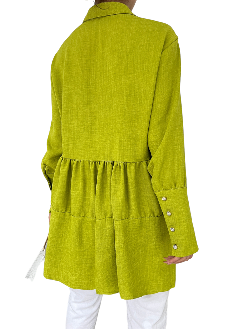 Pieced Linen Tunic with Stoned Buttons on Arm Cuff -Oil Green-246-1454-R72