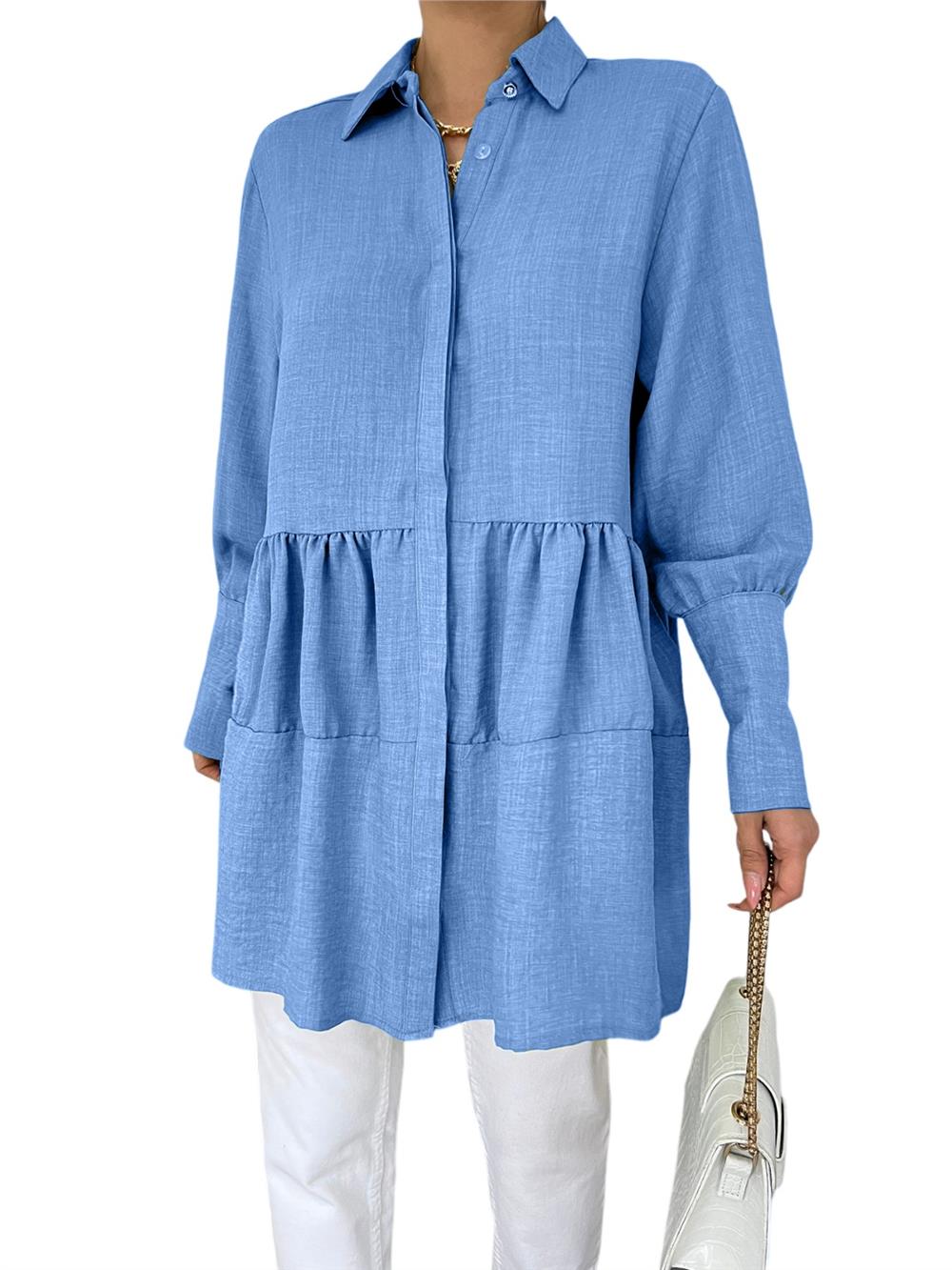 Pieced Linen Tunic with Stoned Buttons on Arm Cuff -Dark Blue-246-1454-R26