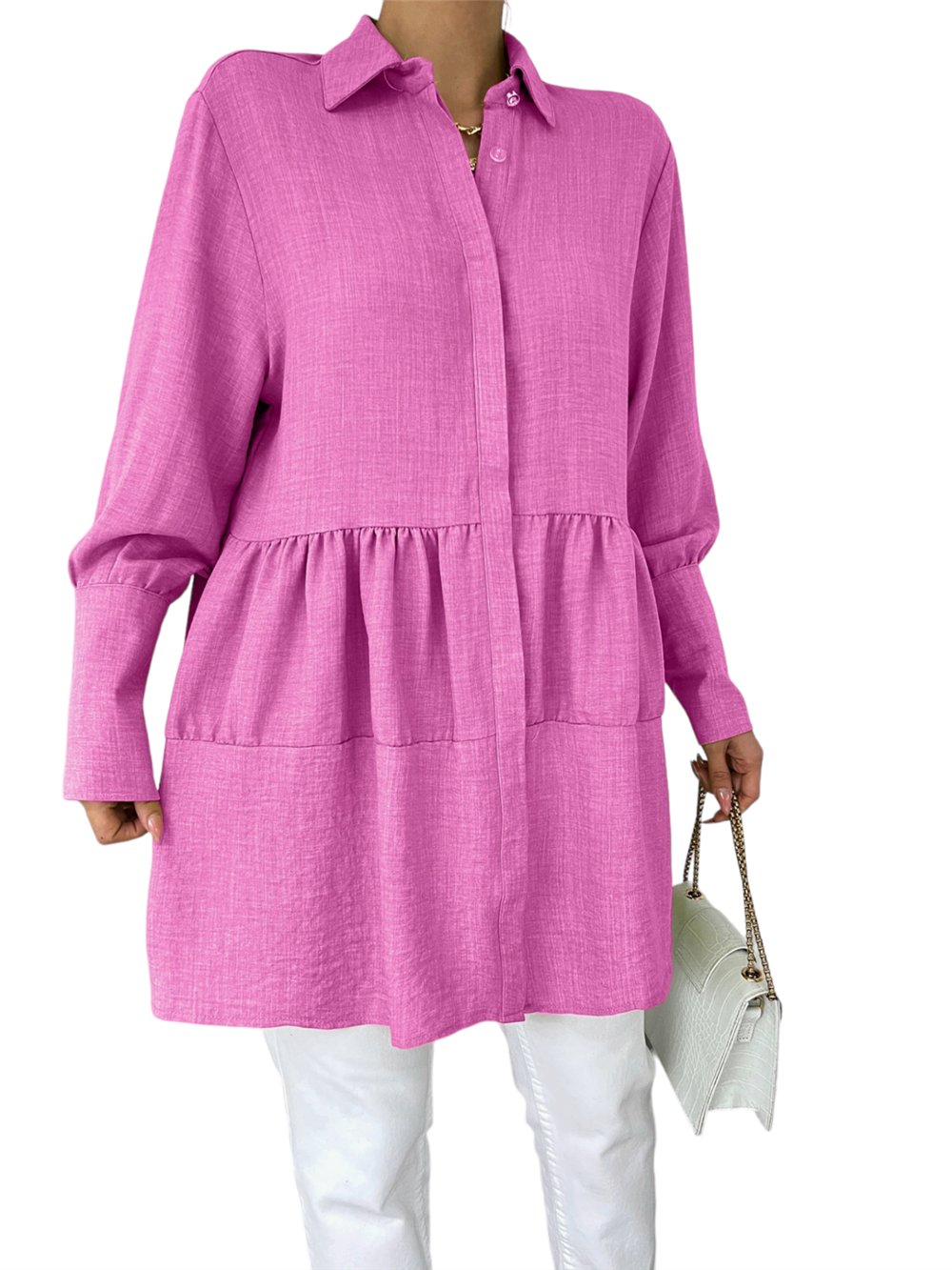 Pieced Linen Tunic with Stoned Buttons on Arm Cuff -Fuchsia-246-1454-R14