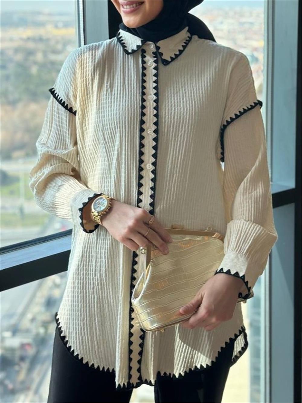 Hand Embroidered Pure Linen Shirt with Sleeve Collar and Placket - Stone-307-2047-R43