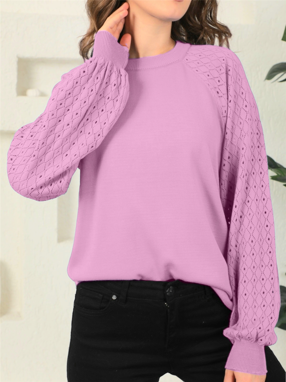 Women's Knitwear Sweater with Openwork Sleeves -Pink-109-9532-R20