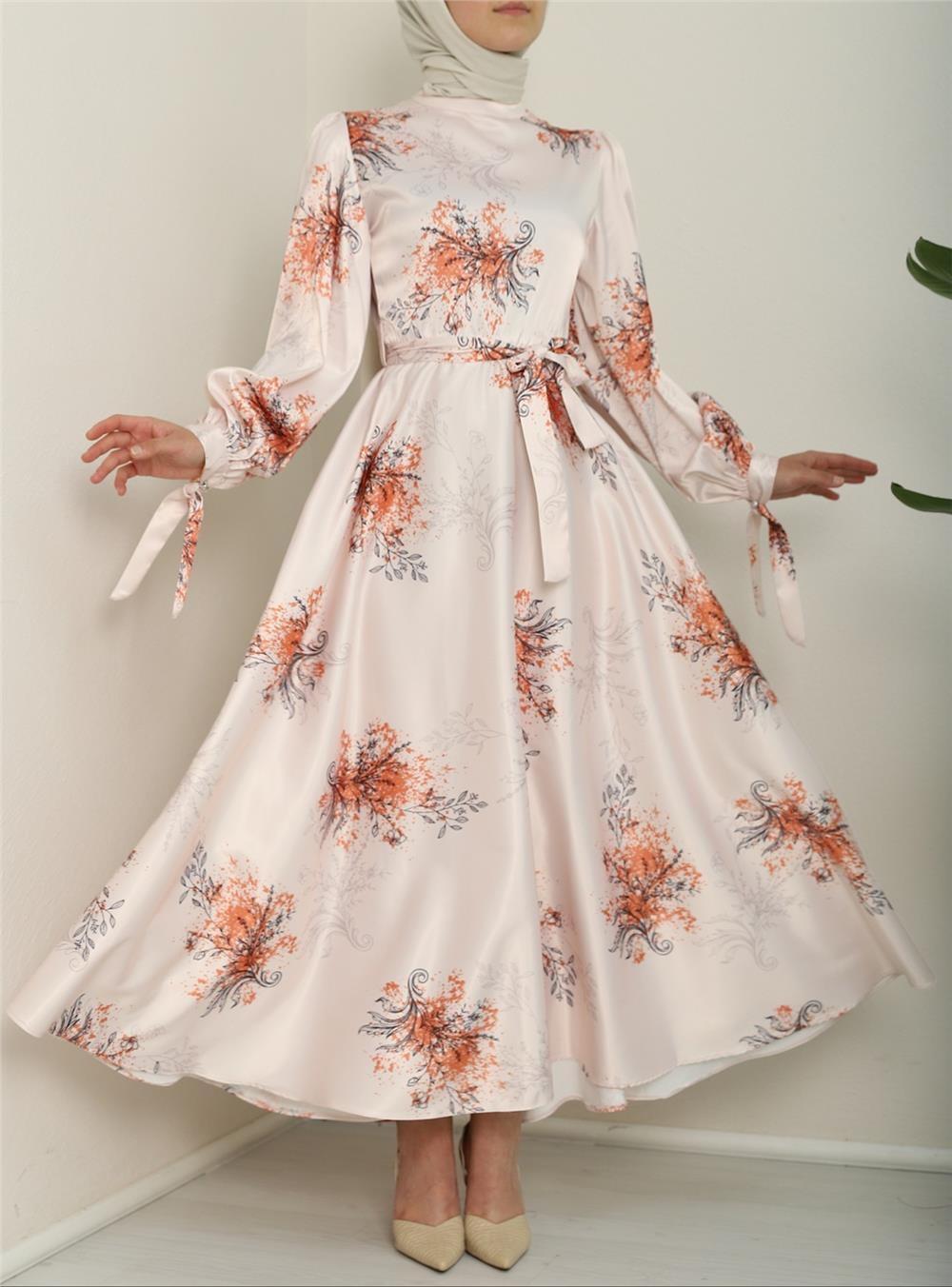 Lined Silk Satin Dress with Tie Sleeves -Orange-386-6091-R16