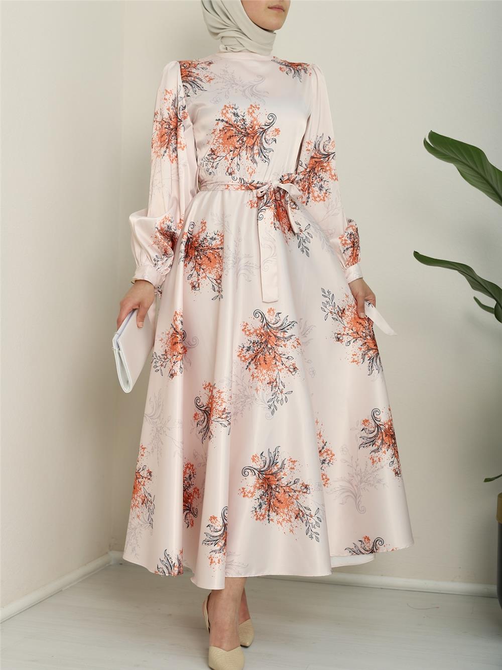 Lined Silk Satin Dress with Tie Sleeves -Orange-386-6091-R16