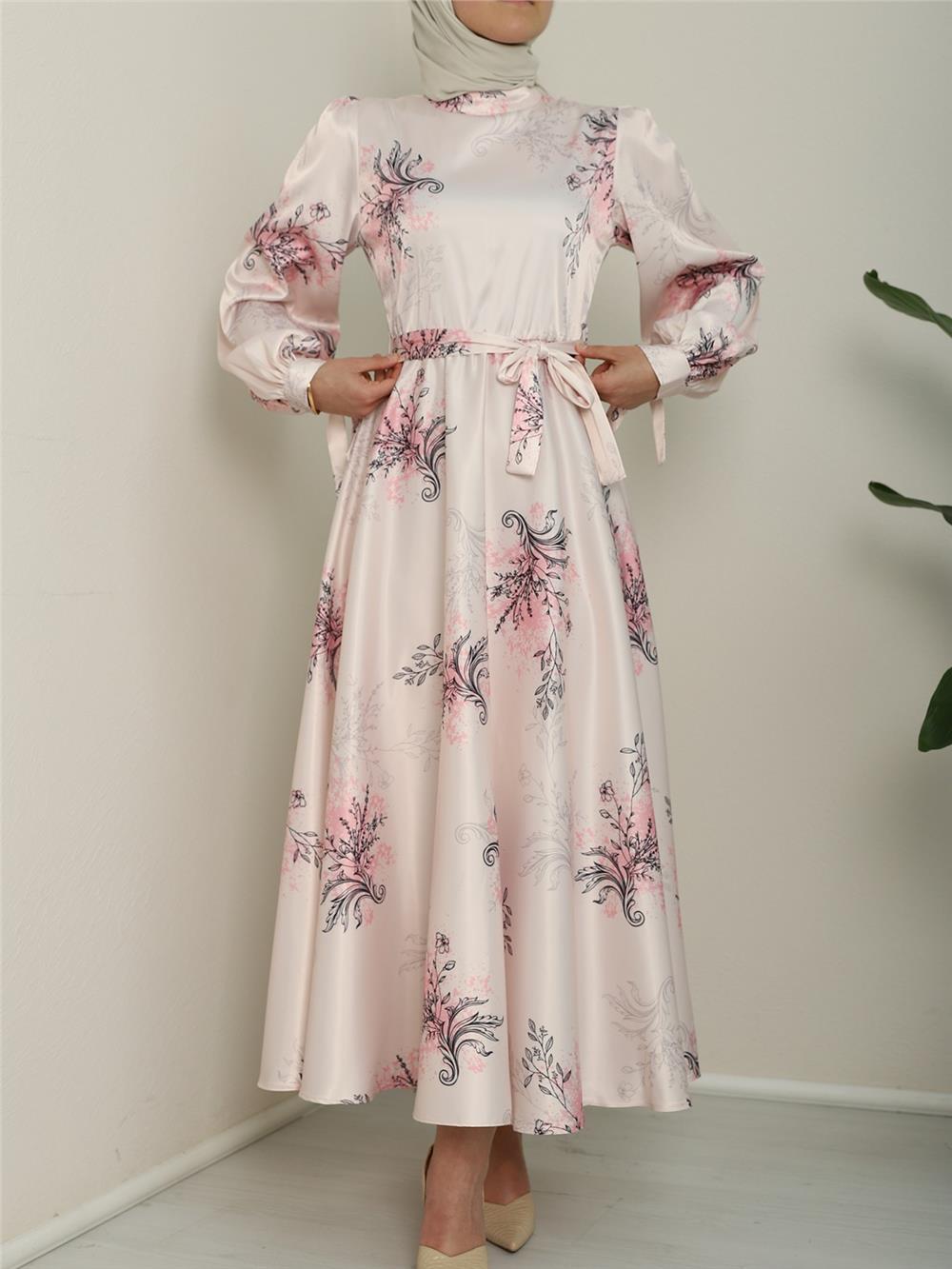 Lined Silk Satin Dress with Tie Sleeves - Pink-386-6091-R20
