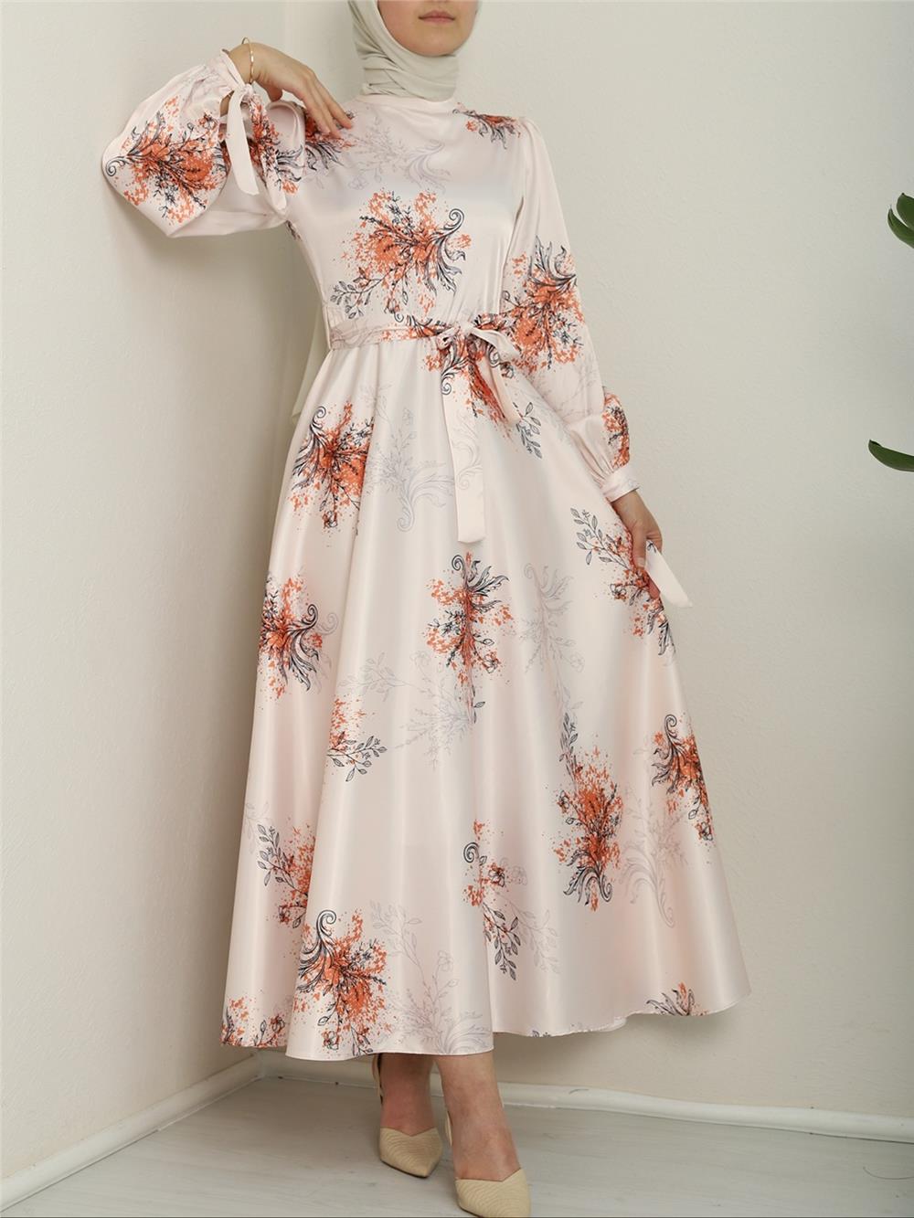 Lined Silk Satin Dress with Tie Sleeves -Orange-386-6091-R16