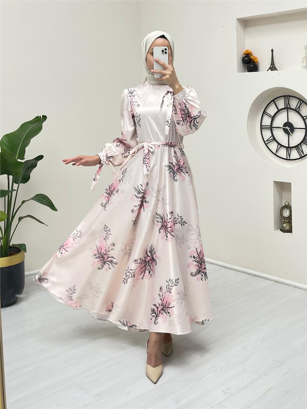 Lined Silk Satin Dress with Tie Sleeves - Pink-386-6091-R20