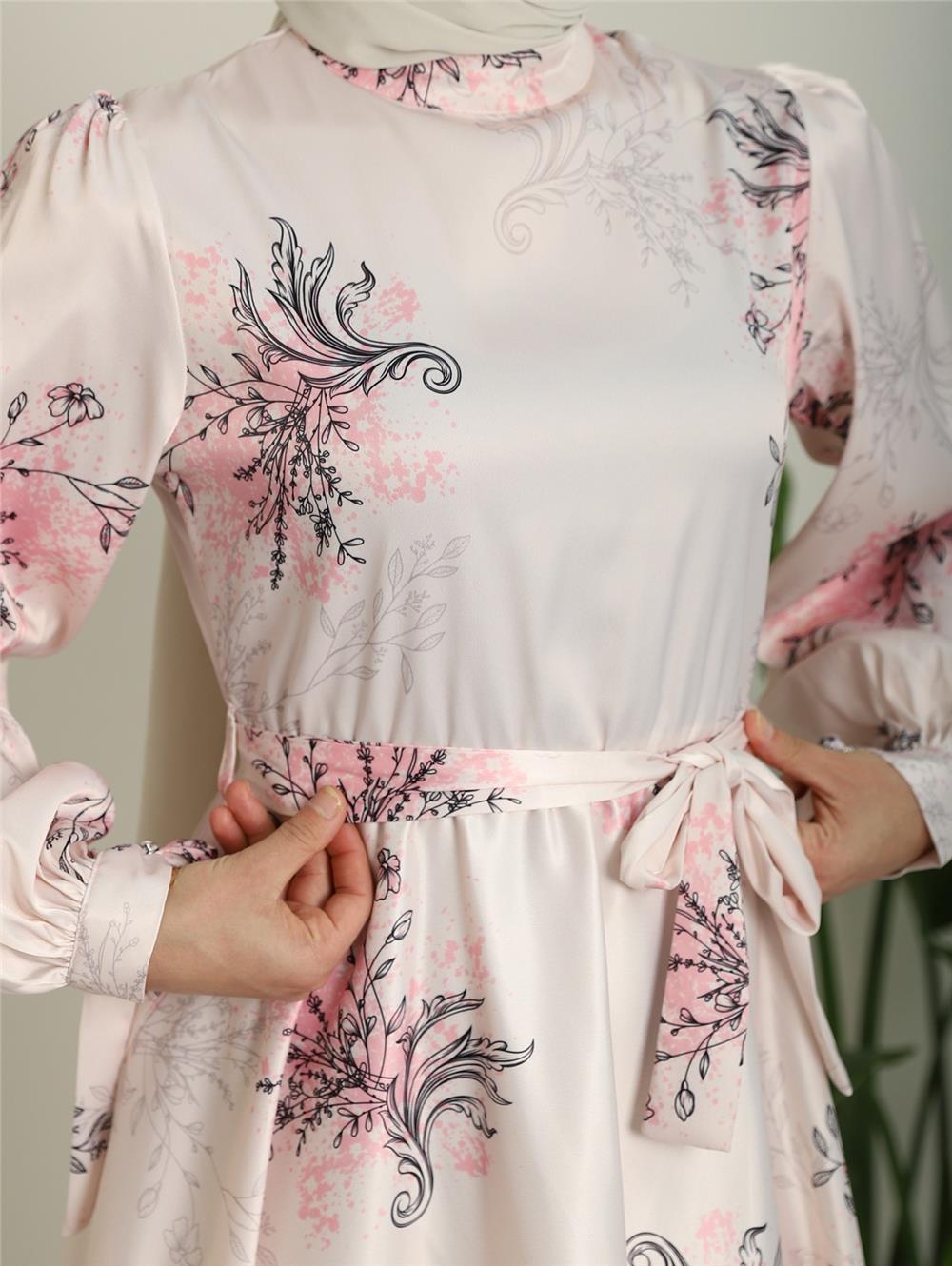 Lined Silk Satin Dress with Tie Sleeves - Pink-386-6091-R20
