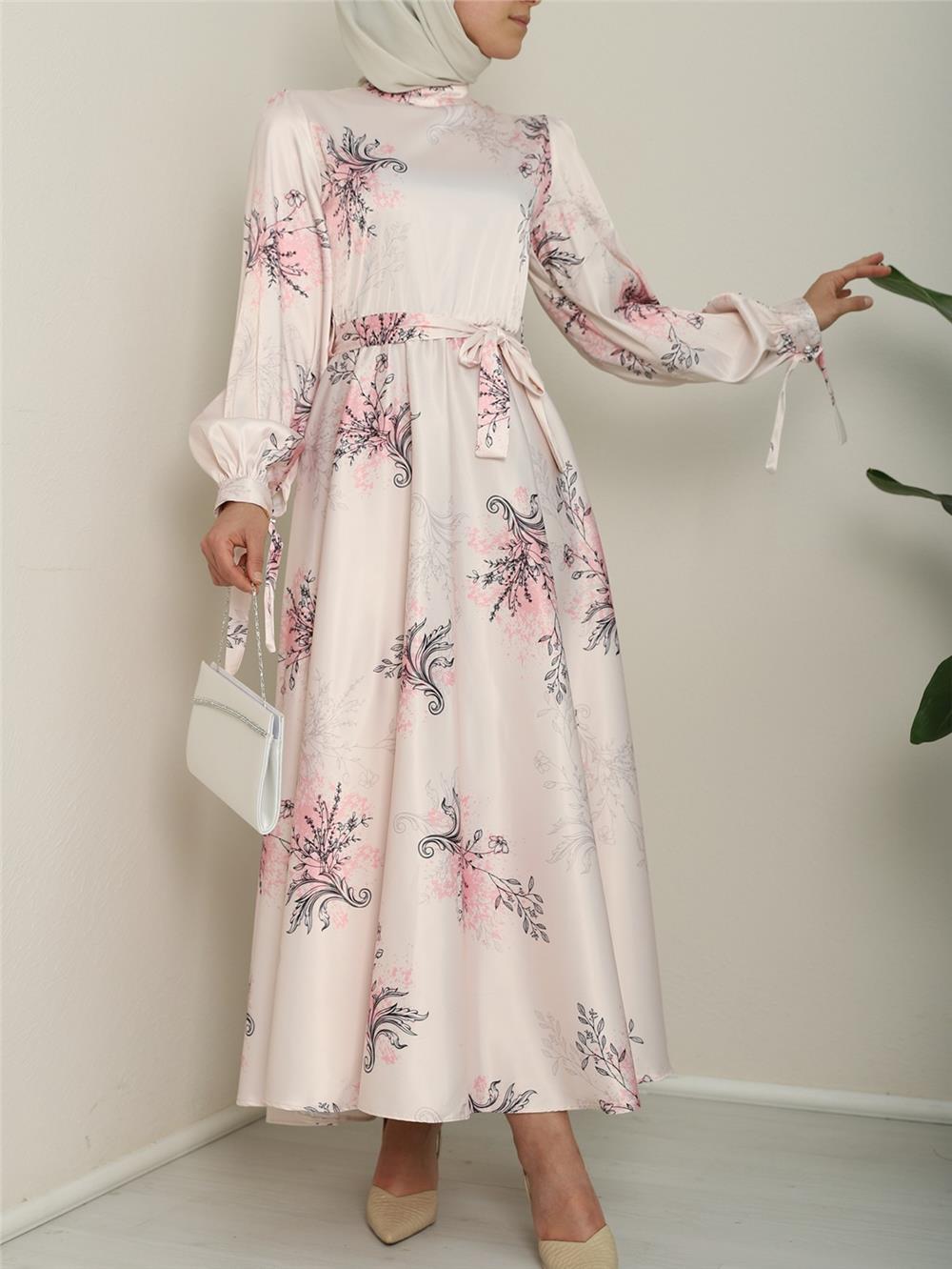 Lined Silk Satin Dress with Tie Sleeves - Pink-386-6091-R20