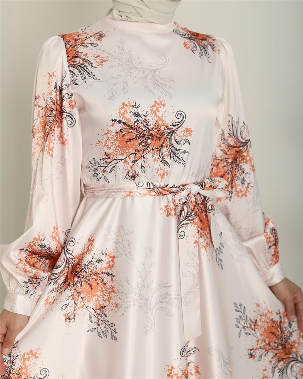 Lined Silk Satin Dress with Tie Sleeves -Orange-386-6091-R16