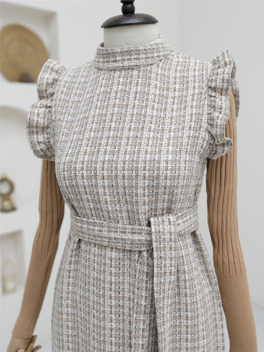 Belted Tweed Gilet with Frilly Sleeves -Mink-111-61092-R23
