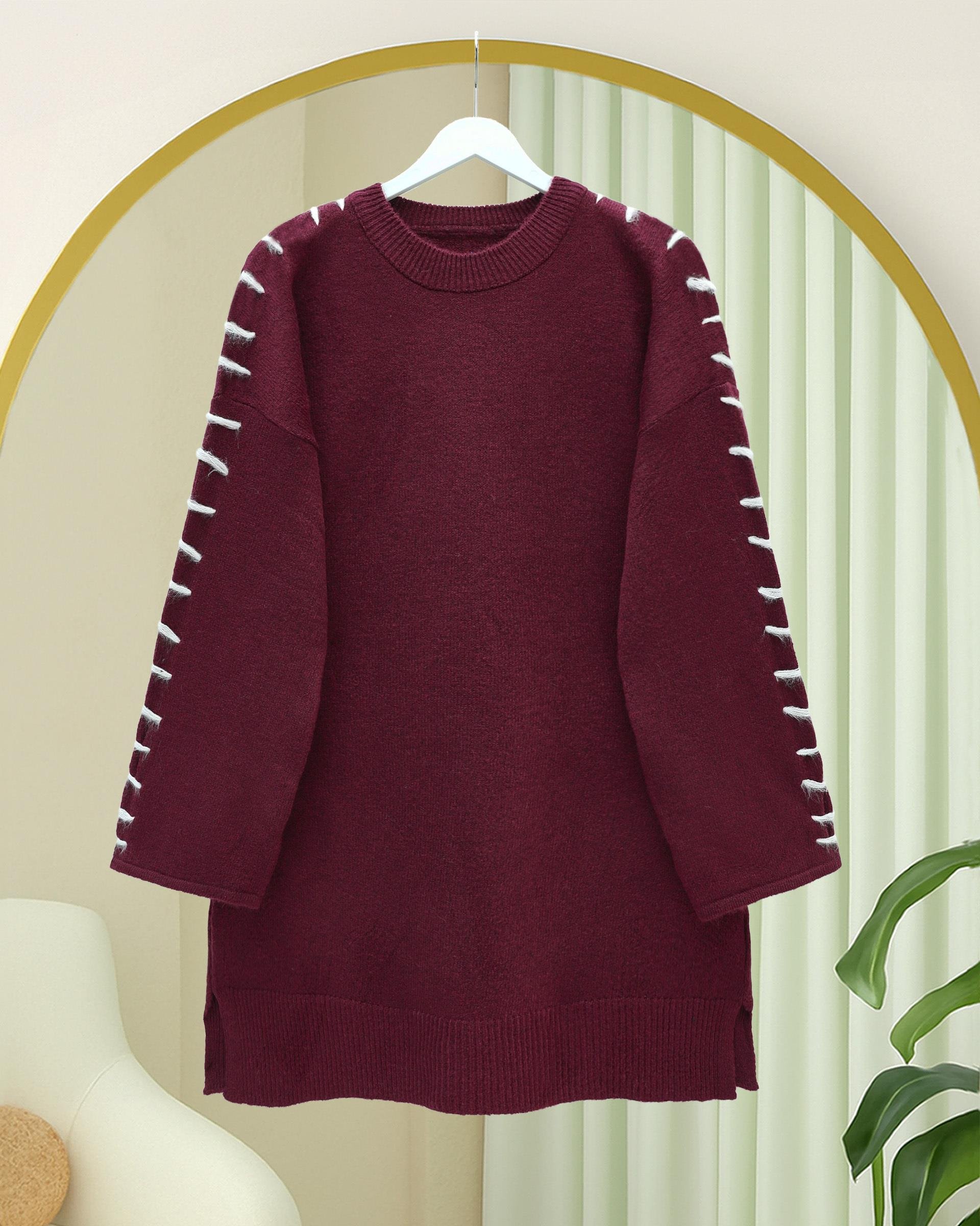 Kolları İpli Çizgili Yumoş Triko Tunik -Bordo