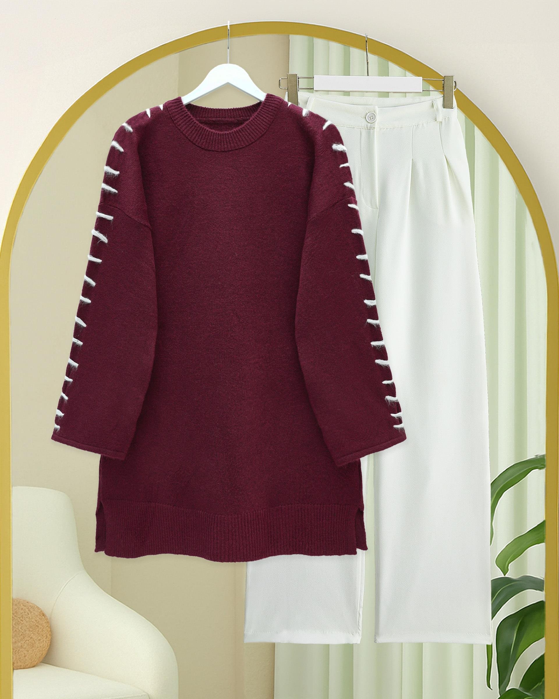 Kolları İpli Çizgili Yumoş Triko Tunik -Bordo