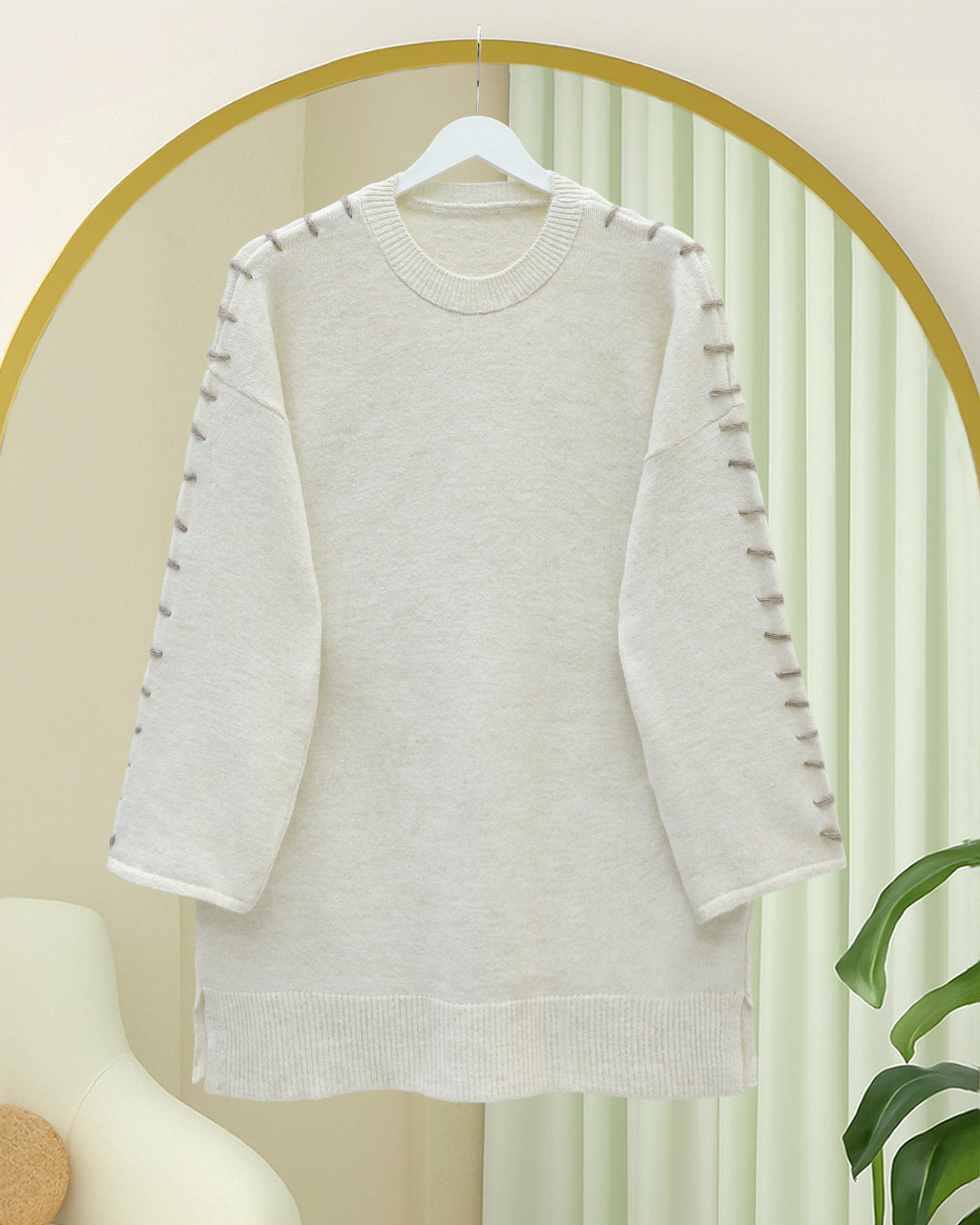 Kolları İpli Çizgili Yumoş Triko Tunik -Krem