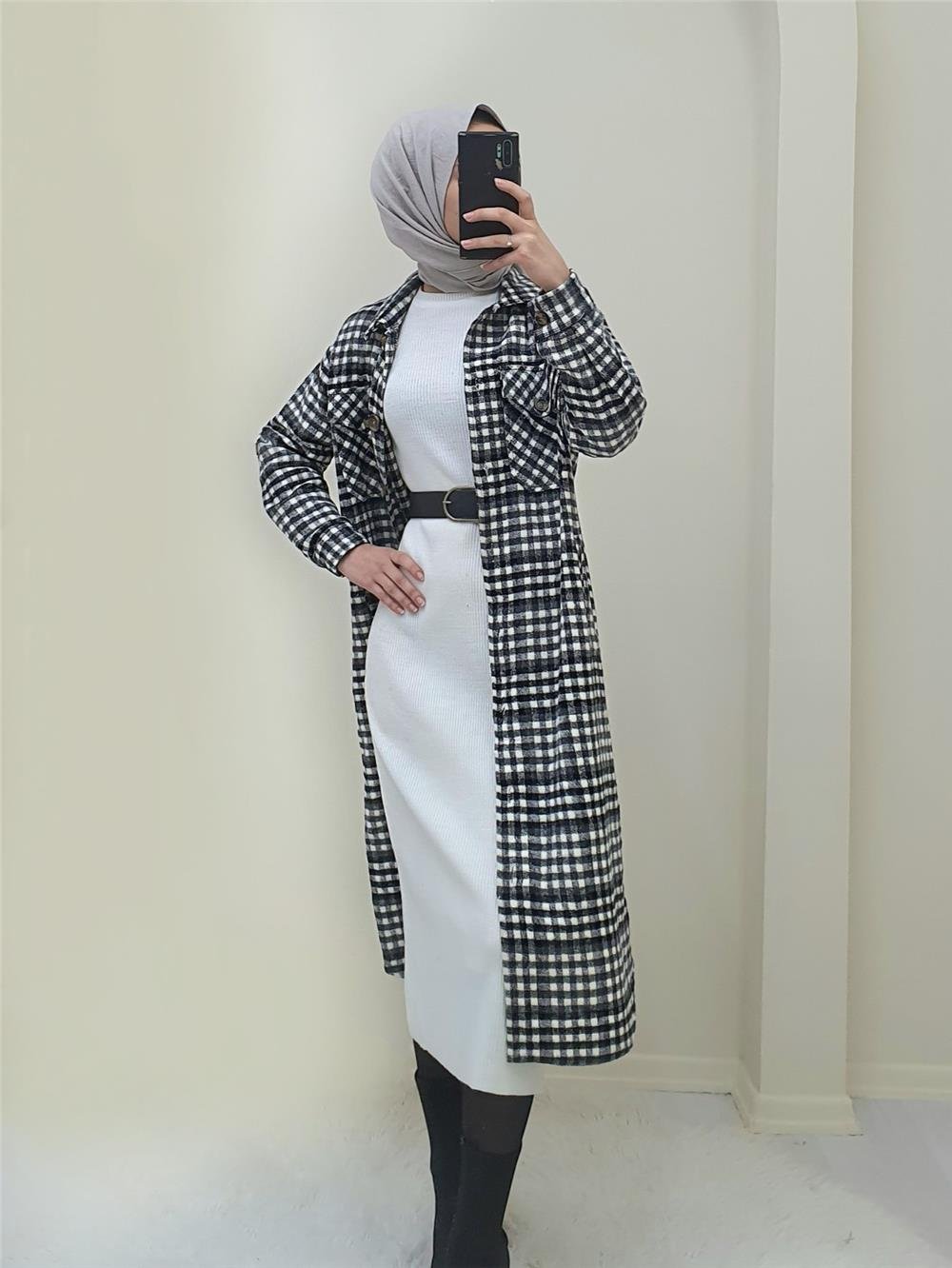 Long Shirt Jacket with Foldable Sleeves and Pockets -Smoked-317-2102-R18