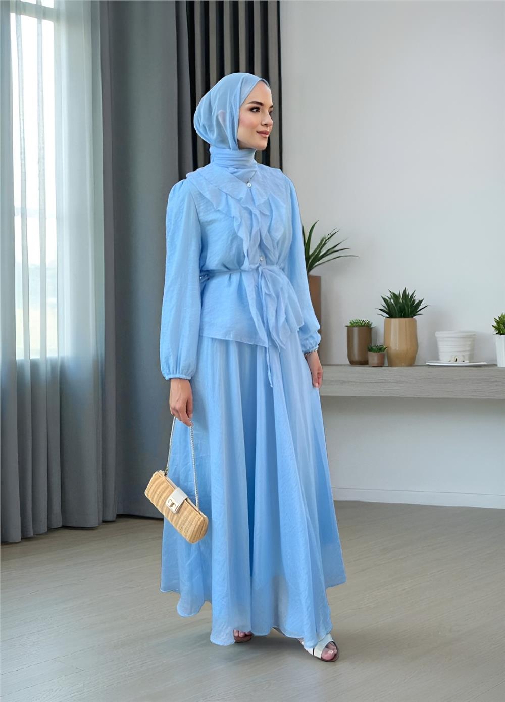 Kolları Lastikli Fırfırlı  İp Detaylı Düğmeli İkili Takım  -Bebe Mavi-114-764-R32