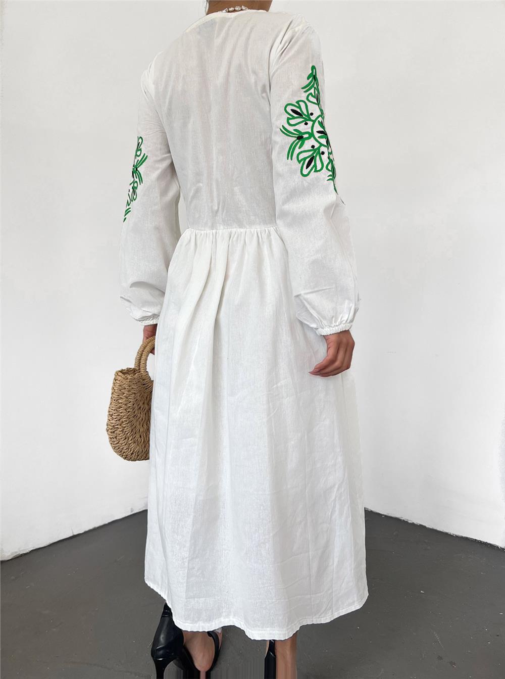 Elastic V-Neck Linen Dress with Embroidered Sleeves -Green-364-5110-R35