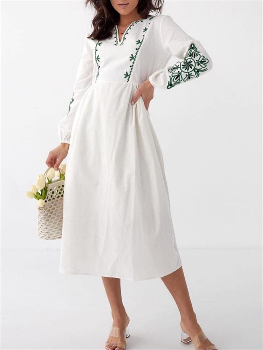 Elastic V-Neck Linen Dress with Embroidered Sleeves -Green-364-5110-R35