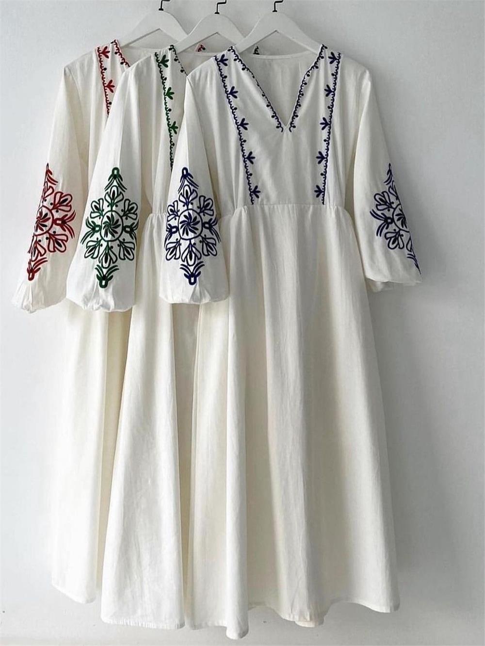 Elastic V-Neck Linen Dress with Embroidered Sleeves -Red-364-5110-R33