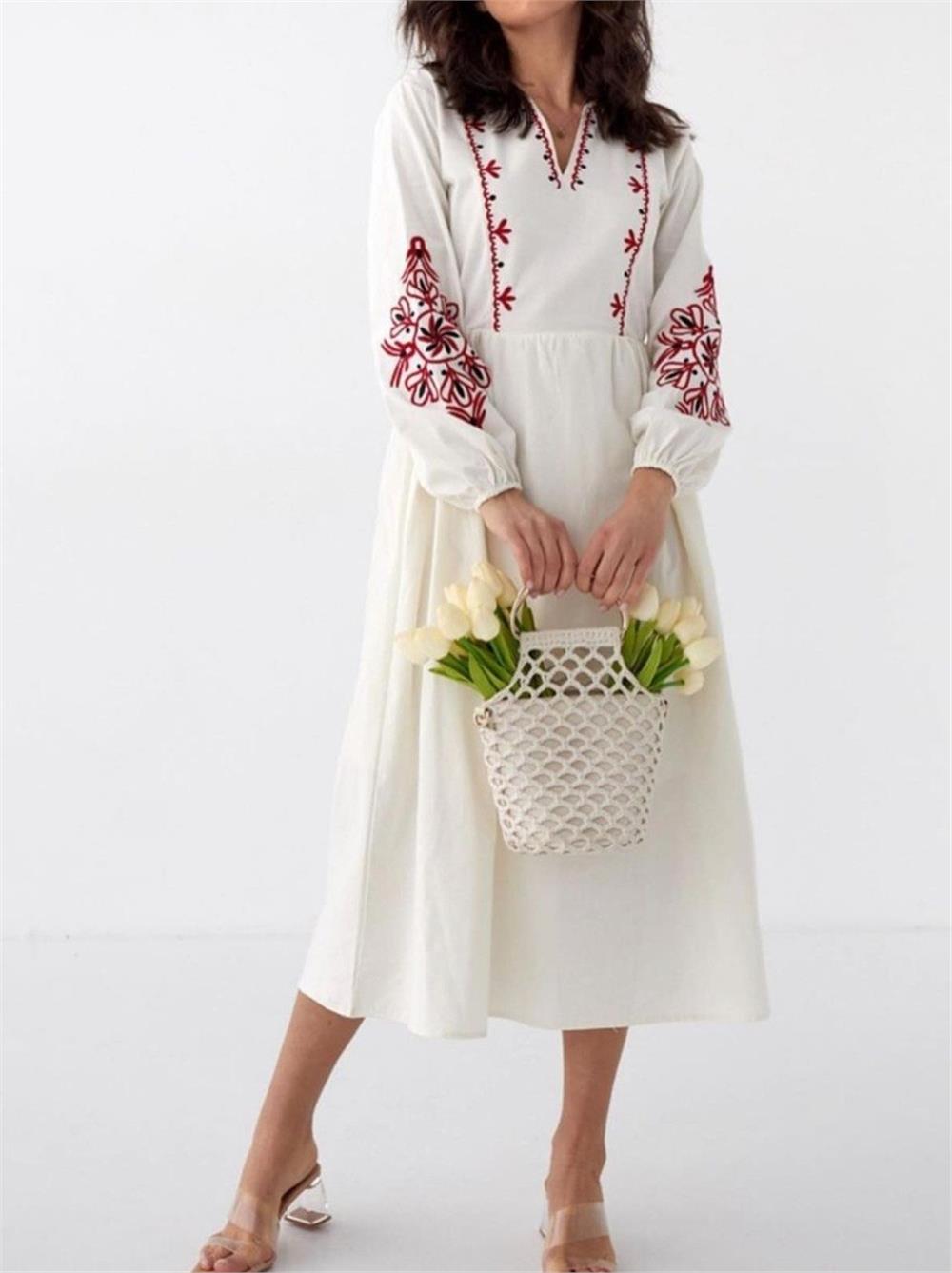Elastic V-Neck Linen Dress with Embroidered Sleeves -Red-364-5110-R33