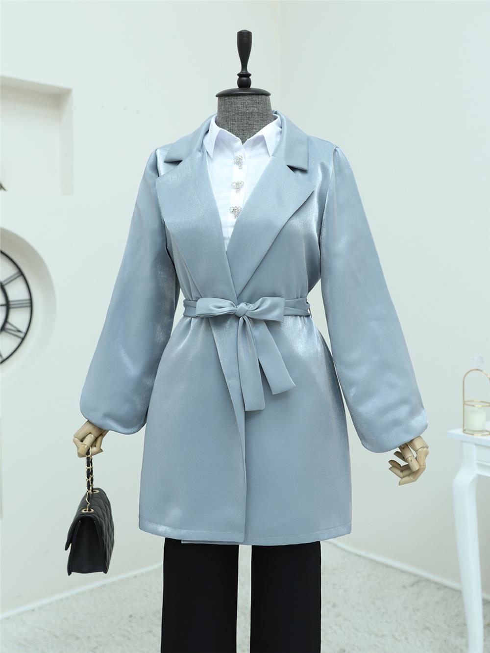 Lace-up Satin Jacket with Flounce Sleeves - Silver-111-50689-R47