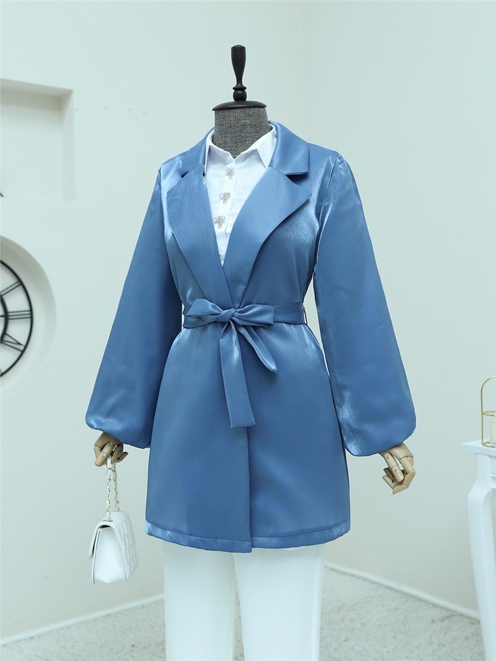 Lace-Up Satin Jacket with Flounce Sleeves - Indigo-111-50689-R21