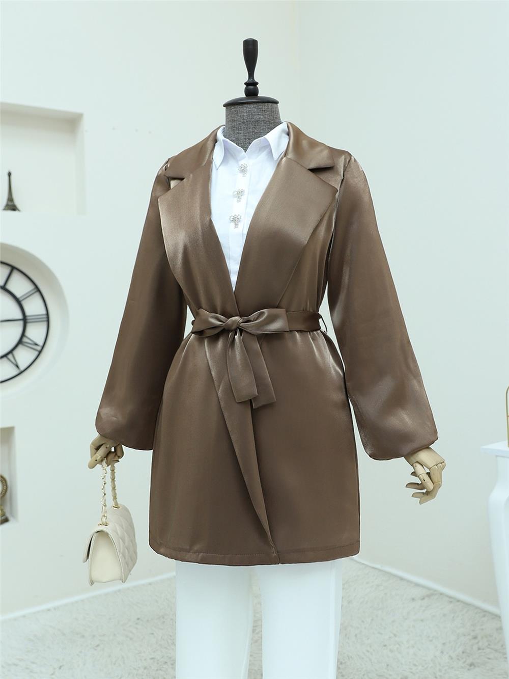 Lace-Up Satin Jacket with Flounce Sleeves - Brown-111-50689-R15