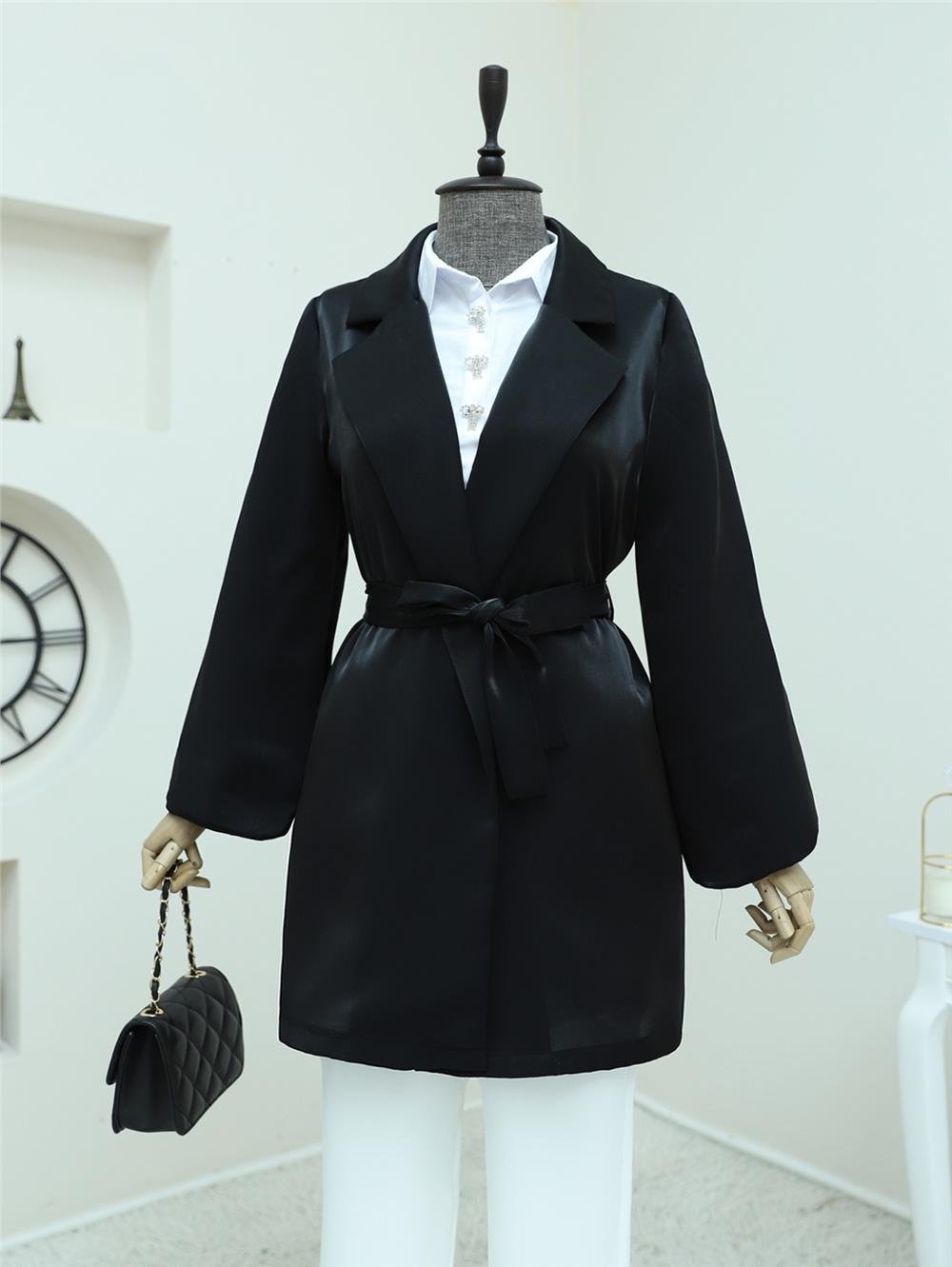 Lace-Up Satin Jacket with Flounce Sleeves - Black-111-50689-R01
