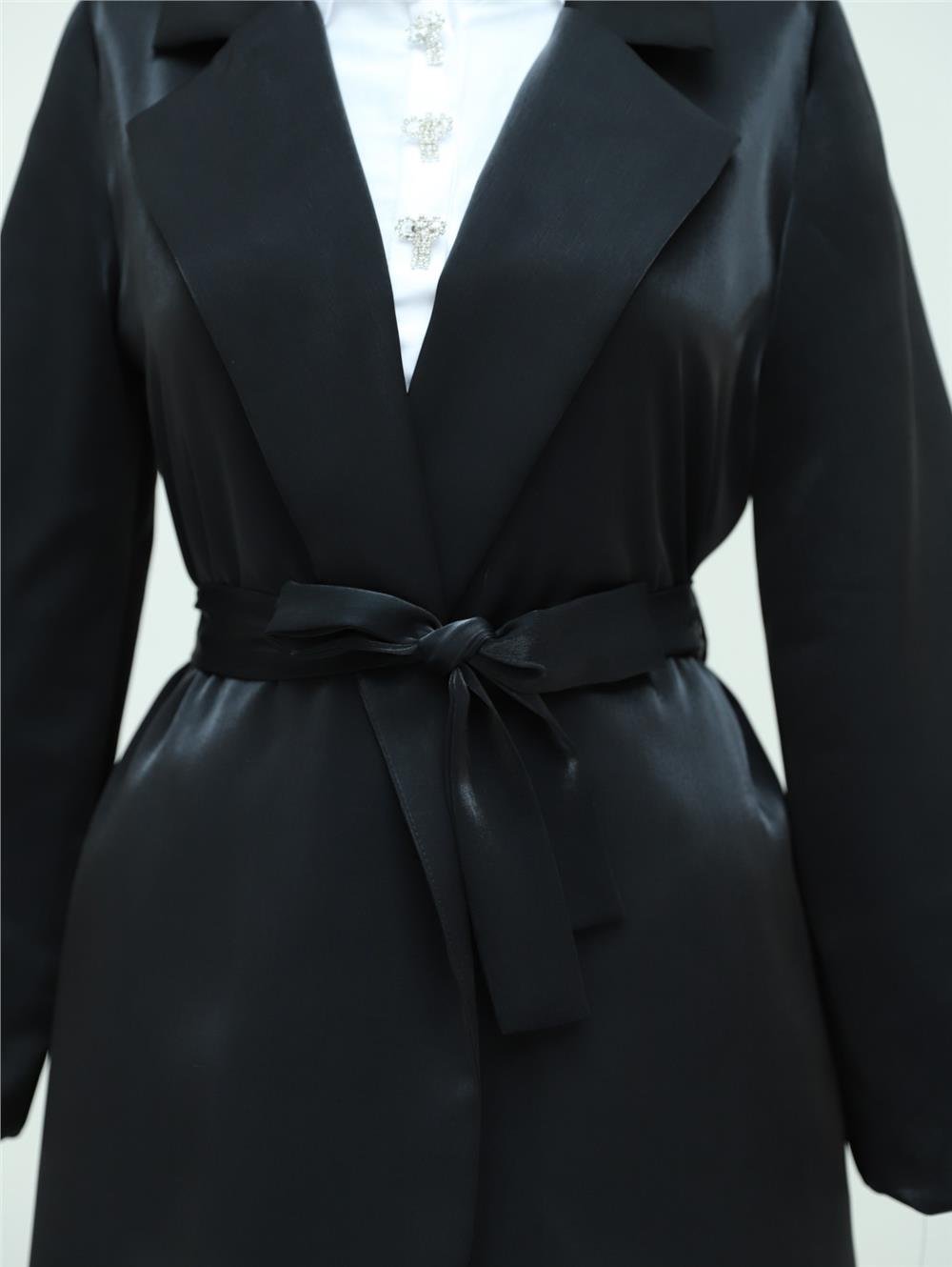 Lace-Up Satin Jacket with Flounce Sleeves - Black-111-50689-R01