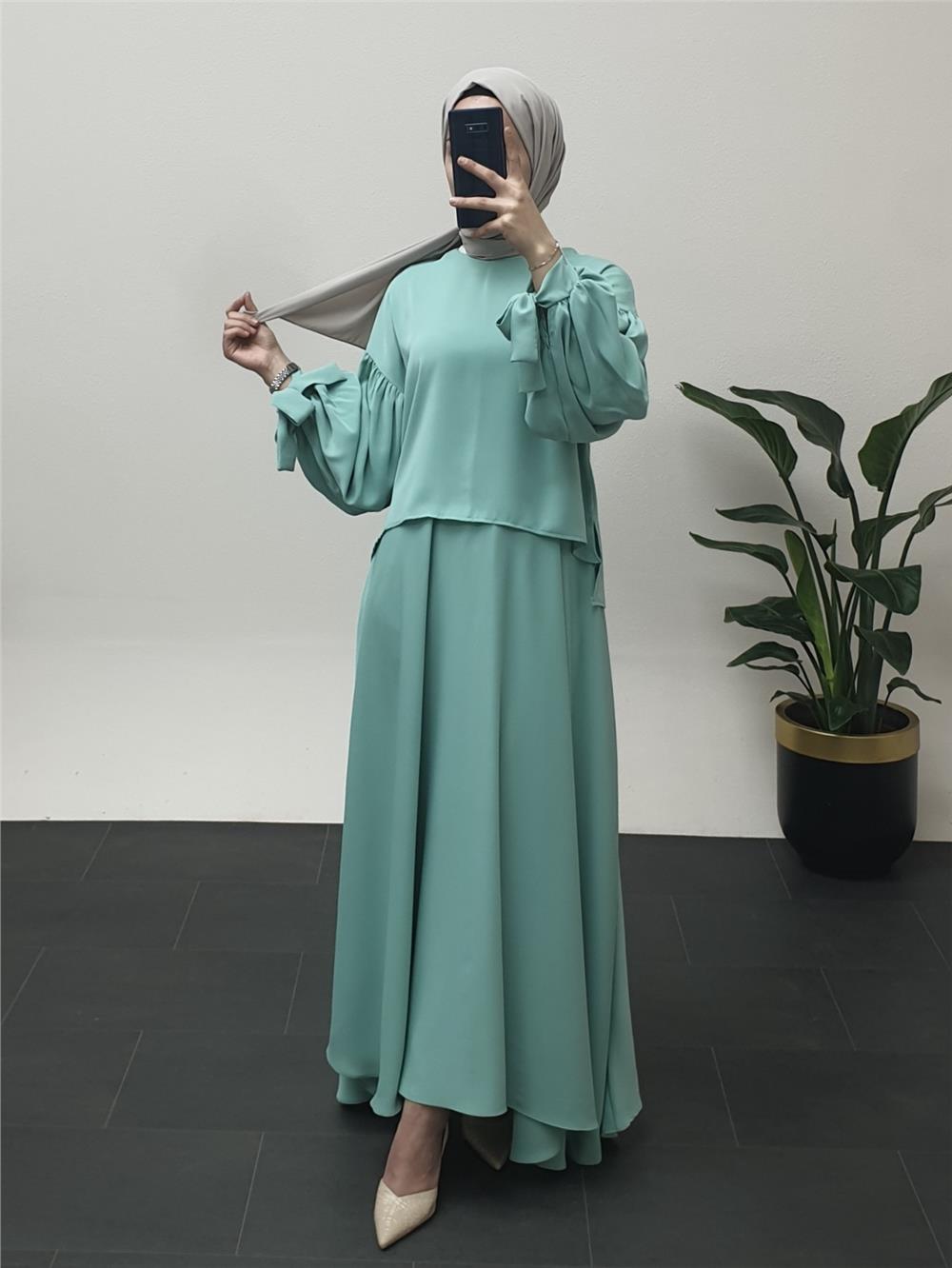 Balloon Skirt Suit with Lace Sleeves - Water Green-386-5928-R36