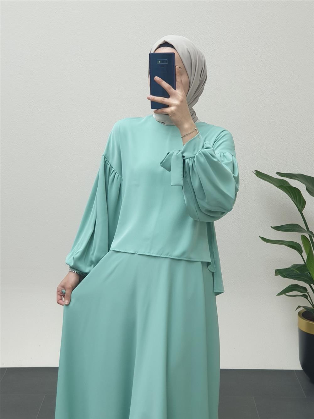 Balloon Skirt Suit with Lace Sleeves - Water Green-386-5928-R36